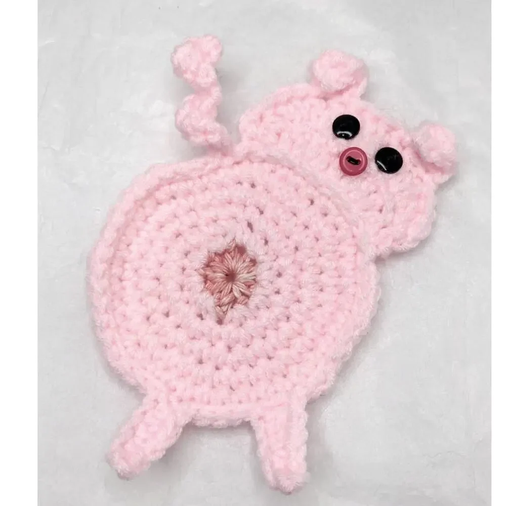 Crochet Pig Butt Coasters Hand Crafted Set of Two Peeking Piggy Table Mug Rug